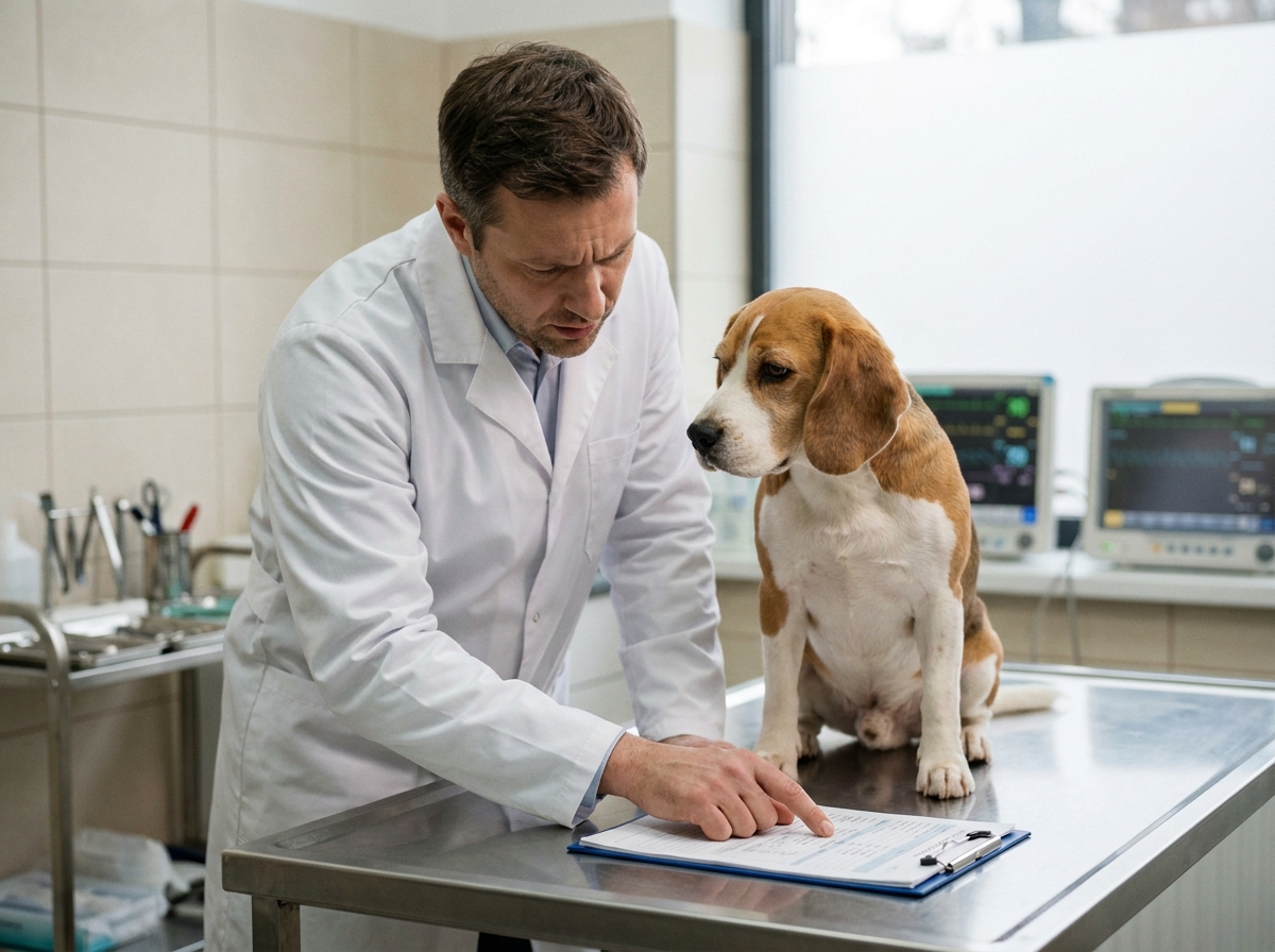 Un vétérinaire examine le dossier médical d'un beagle et pointe une mention relative aux maladies préexistantes sur un document officiel.