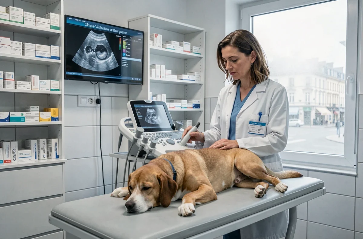 Vétérinaire réalisant une échographie sur un chien à la Clinique Vétérinaire de Bourgogne à Dijon