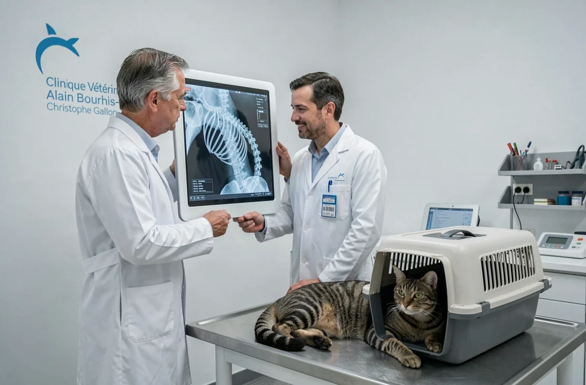Deux vétérinaires analysant une radiographie de chat à la Clinique Vétérinaire Alain Bourhis-Christophe Gallon