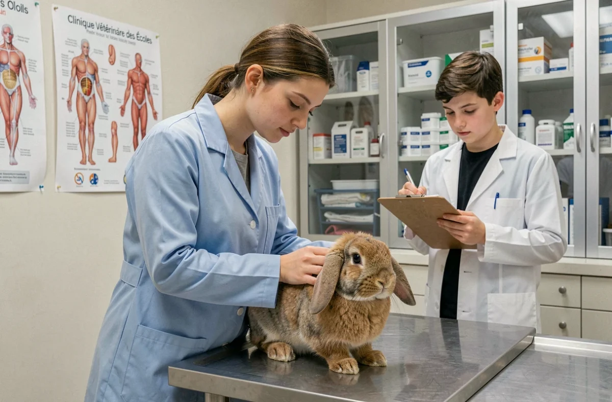 Vétérinaire examinant un lapin lors d'une consultation à la Clinique Vétérinaire des Écoles