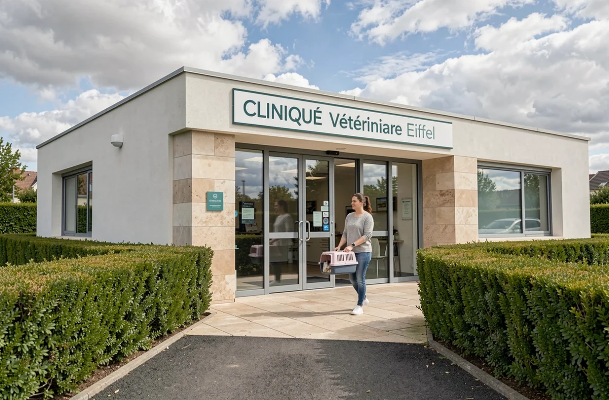 Entrée de la Clinique Vétérinaire Eiffel avec une cliente portant un chat dans sa caisse de transport