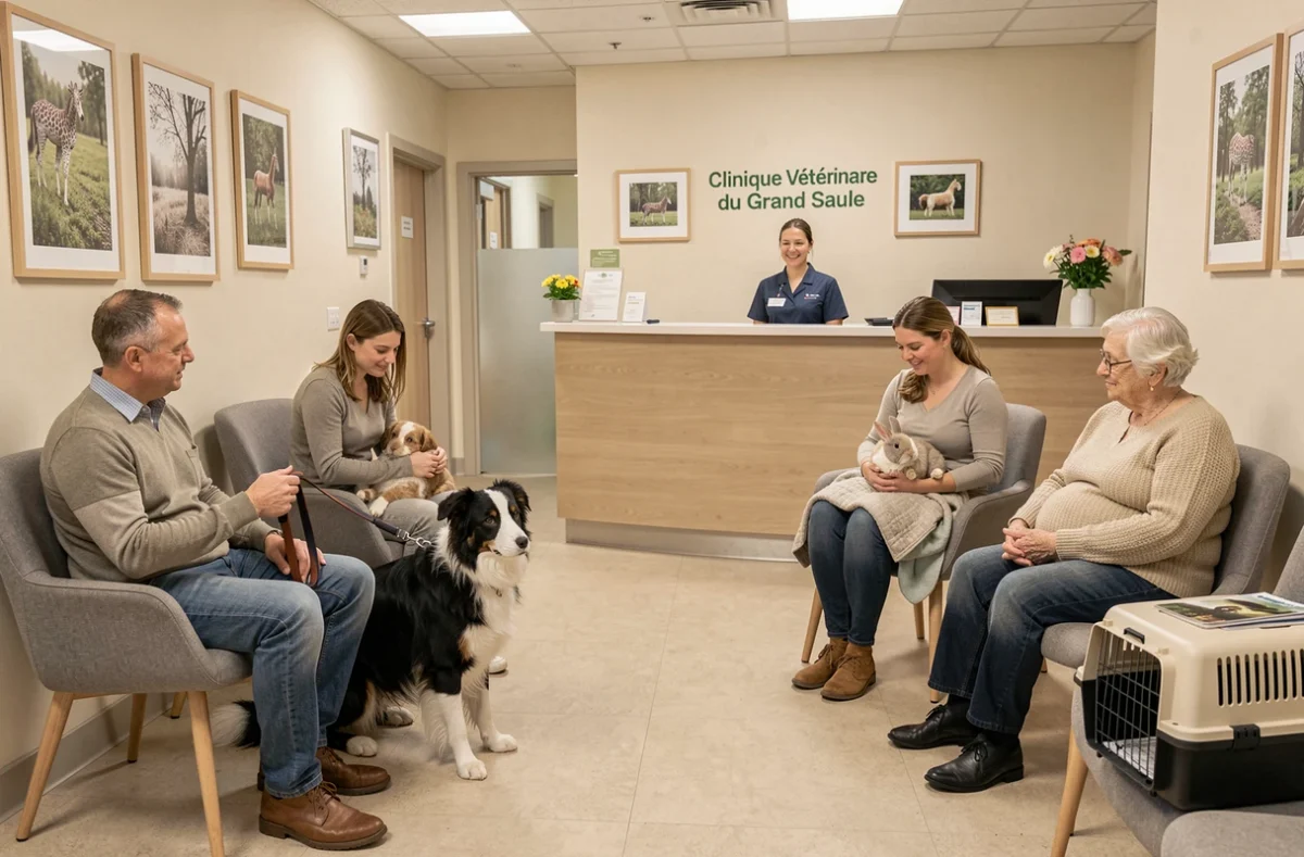 Salle d'attente accueillante de la Clinique Vétérinaire du Grand Saule avec des propriétaires et leurs animaux