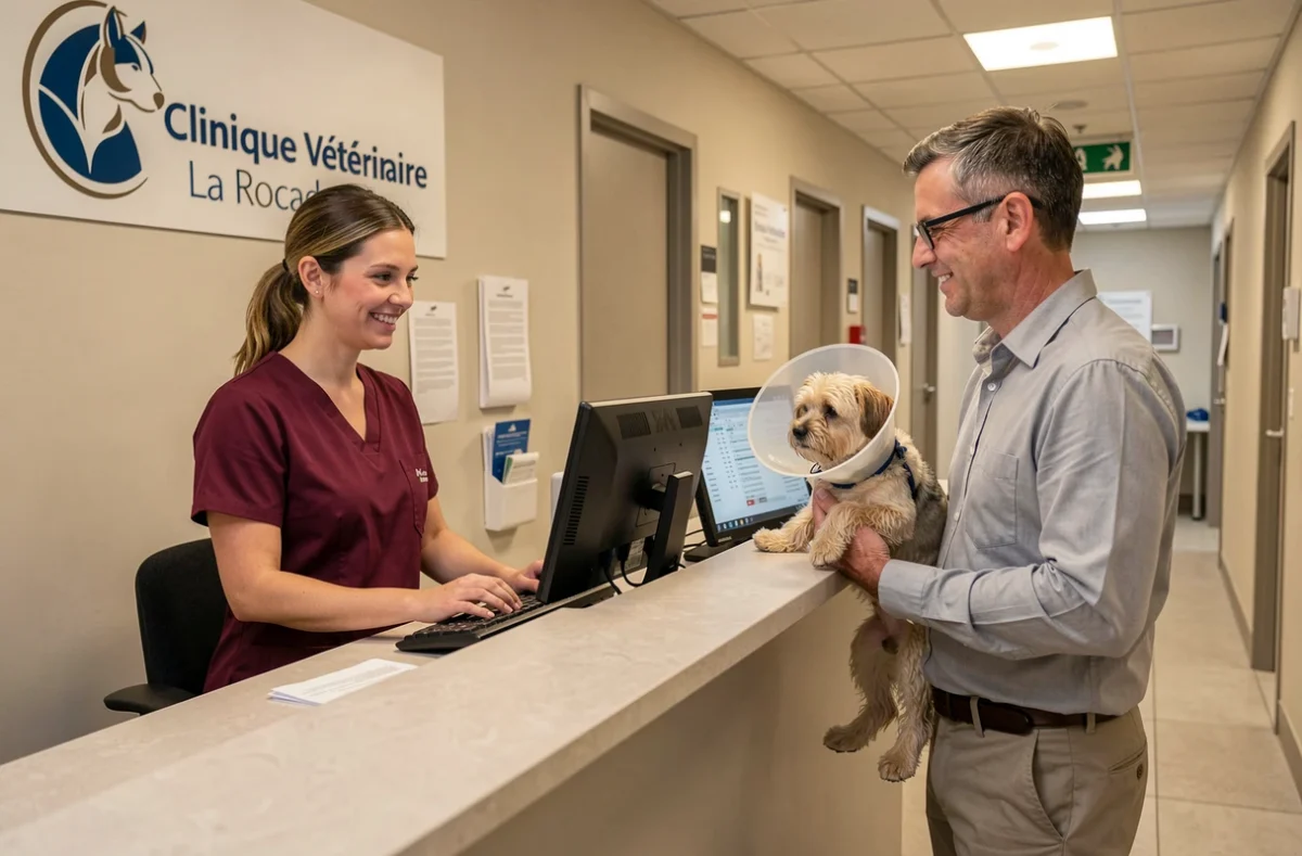 Accueil d'un client et son chien à la Clinique Vétérinaire La Rocade