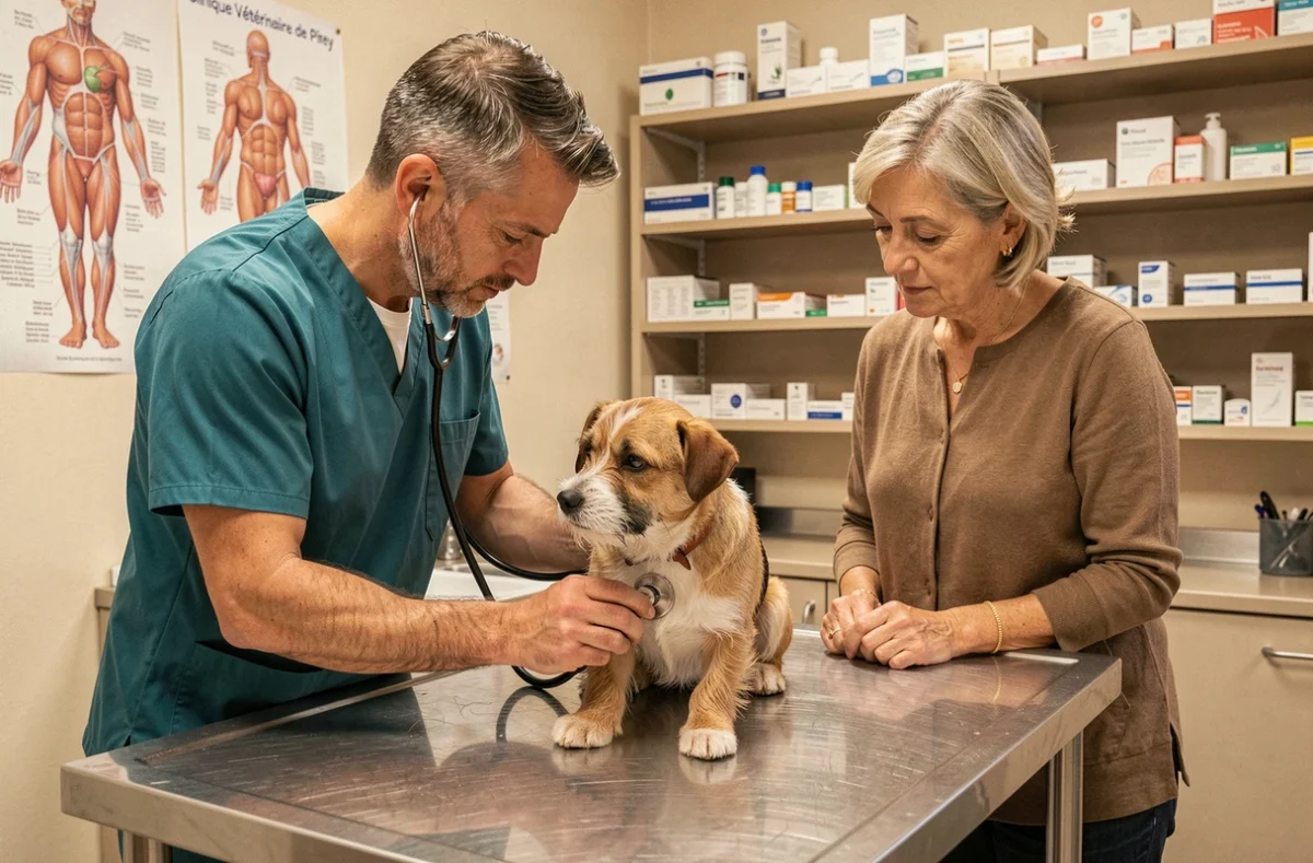 Vétérinaire ausculant un petit chien à la Clinique Vétérinaire de Pirey près de Besançon