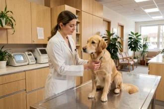 Vétérinaire examinant un golden retriever dans une clinique vétérinaire moderne en Bourgogne-Franche-Comté