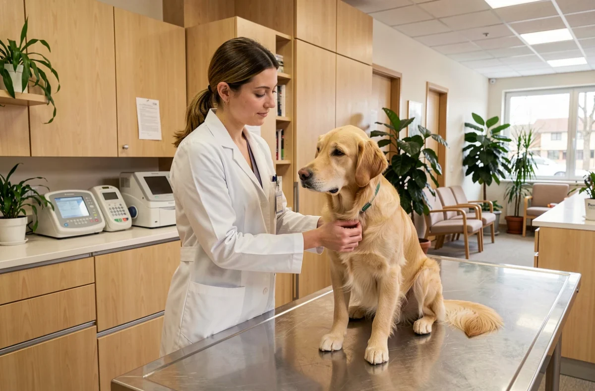 Vétérinaire examinant un golden retriever dans une clinique vétérinaire moderne en Bourgogne-Franche-Comté