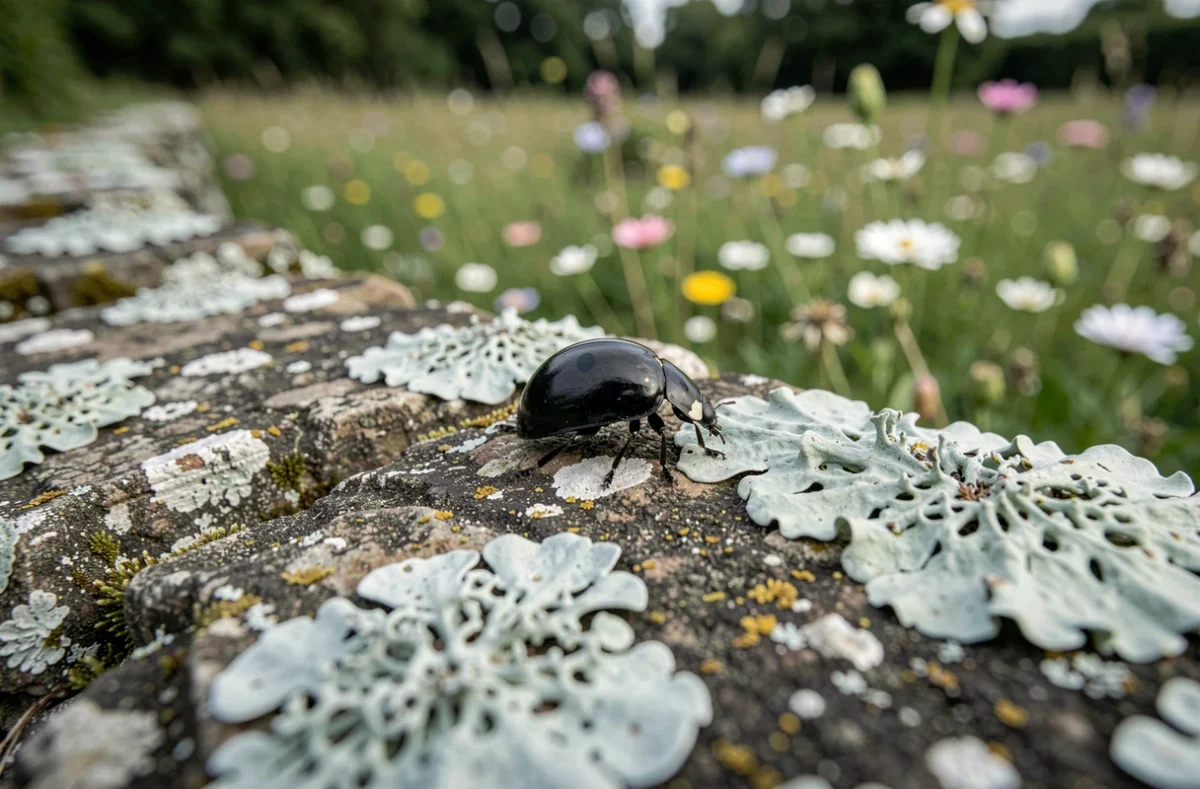 Coccinelle noire sur un vieux mur de pierre recouvert de lichen, illustration de la signification énergétique dans la nature