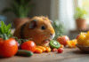 Cochon d'Inde mangeant fruits et légumes frais en lumière naturelle