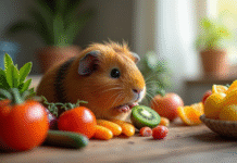 Cochon d'Inde mangeant fruits et légumes frais en lumière naturelle