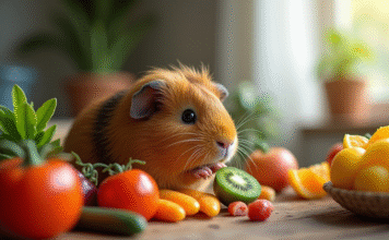 Les bienfaits des fruits et légumes dans l’alimentation du cochon d’Inde Cochon d'Inde mangeant fruits et légumes frais en lumière naturelle