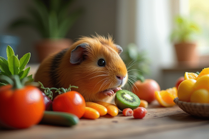 Cochon d'Inde mangeant fruits et légumes frais en lumière naturelle