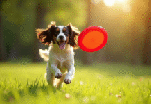 Cocker spaniel attrapant un frisbee rouge en plein air