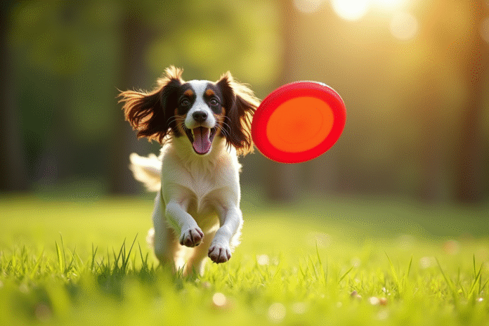 Cocker spaniel attrapant un frisbee rouge en plein air
