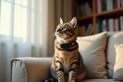 Collier GPS discret sur un chat tigré assis sur un canapé en lin dans un appartement parisien