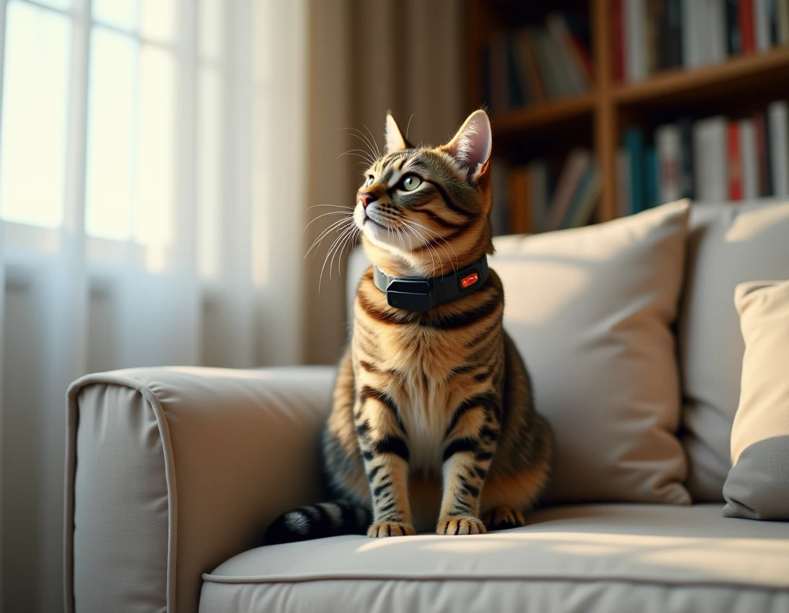 Collier GPS discret sur un chat tigré assis sur un canapé en lin dans un appartement parisien
