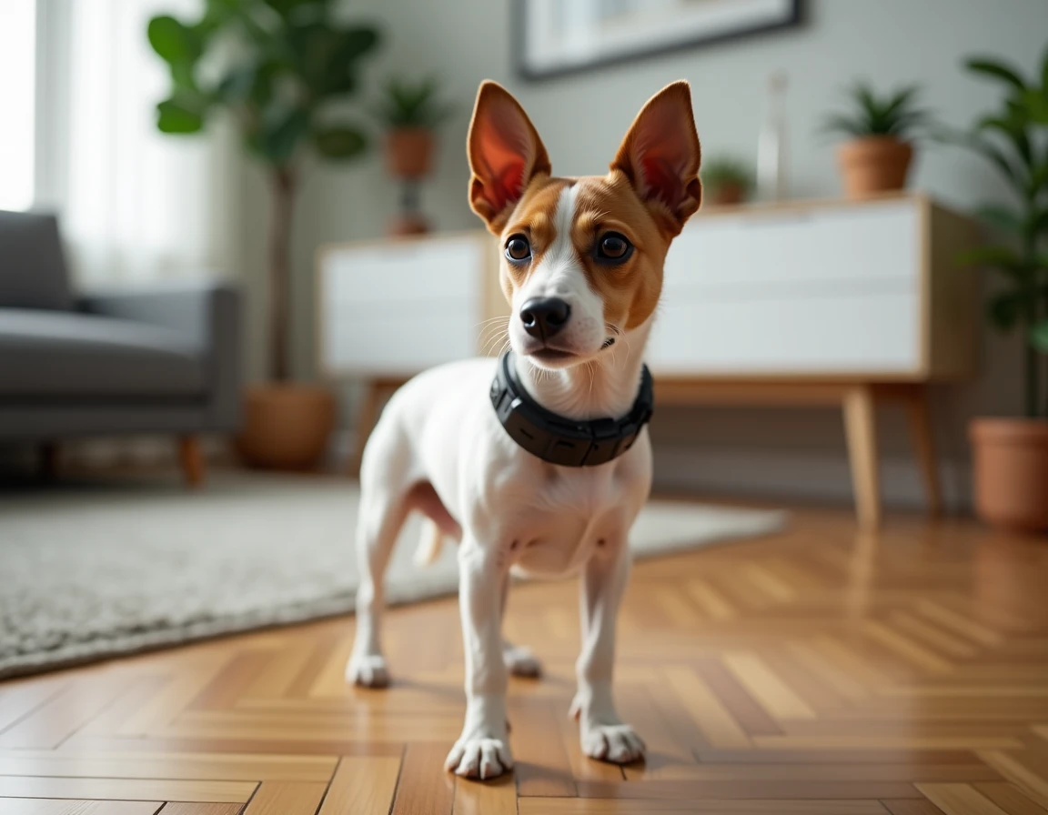 Petit chien Jack Russell portant un collier GPS noir sur parquet en bois dans un salon moderne