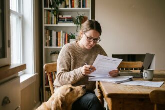 Une femme lit attentivement un contrat d'assurance chien avec son golden retriever posé sur ses genoux, symbolisant les pièges des petites lignes.