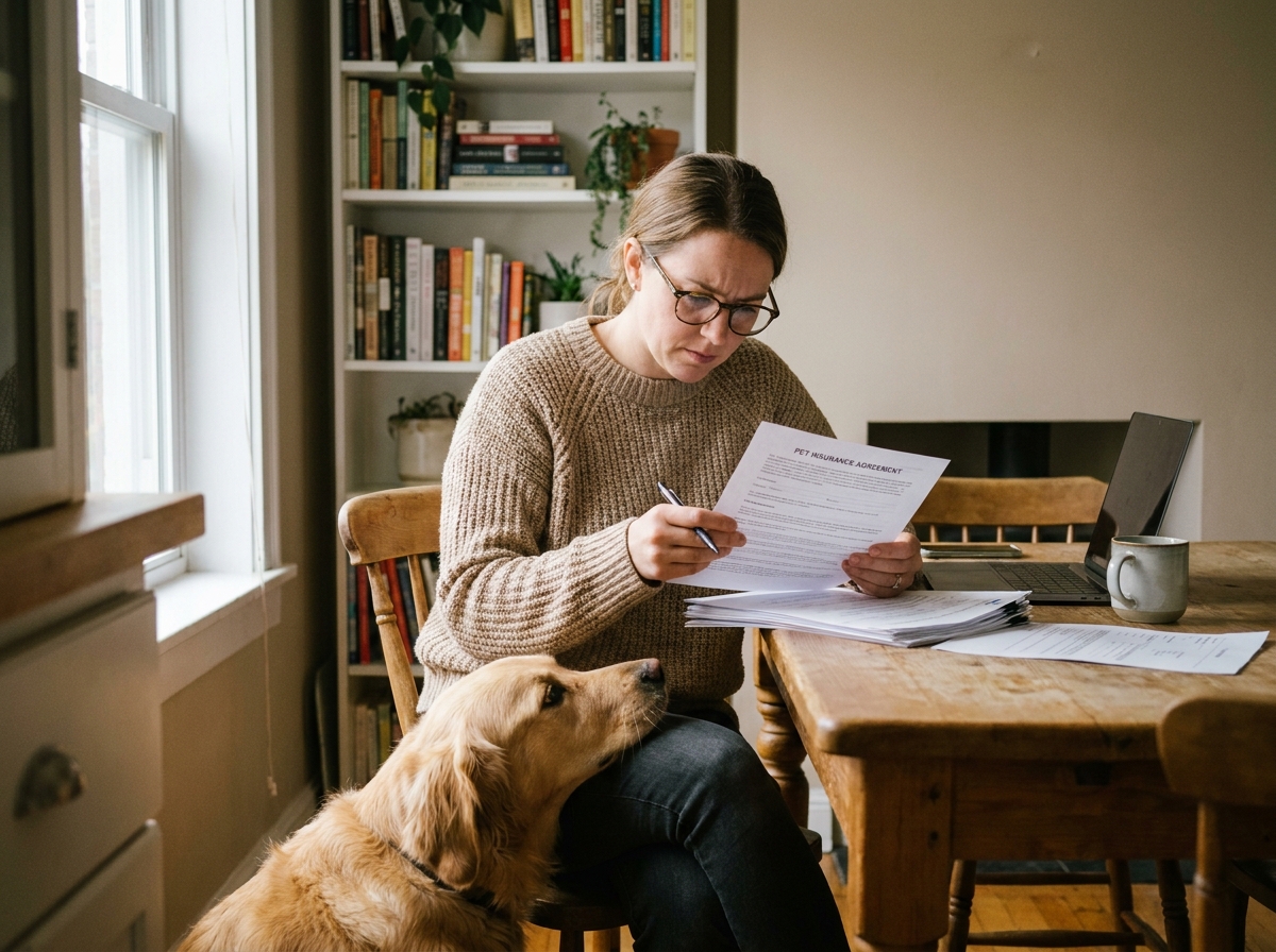 Une femme lit attentivement un contrat d'assurance chien avec son golden retriever posé sur ses genoux, symbolisant les pièges des petites lignes.