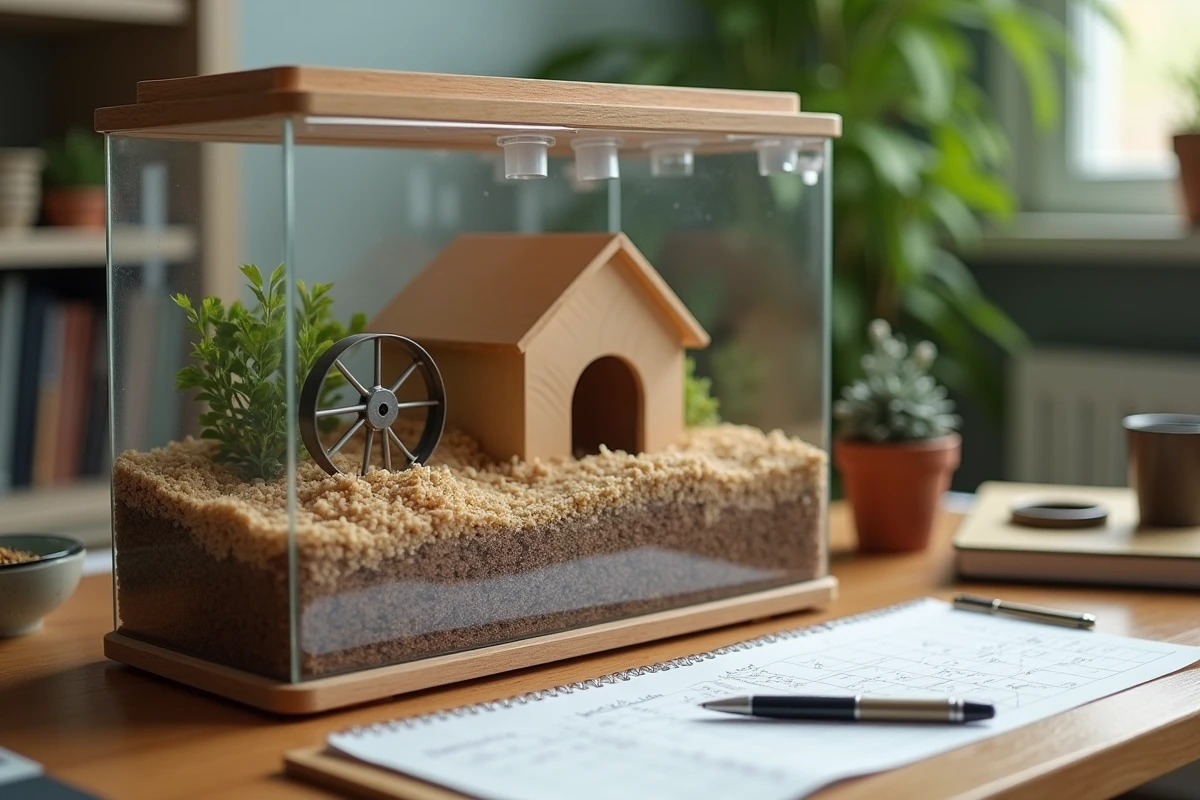 Habitat complet pour hamster russe avec accessoires et budget noté sur un carnet