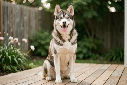 Croisement husky berger allemand assis sur une terrasse en bois avec un regard alerte et un pelage bicolore dense