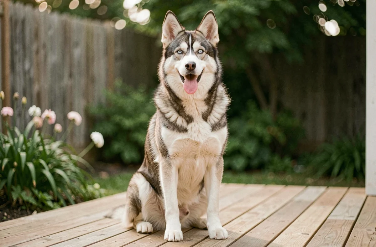 Croisement husky berger allemand assis sur une terrasse en bois avec un regard alerte et un pelage bicolore dense