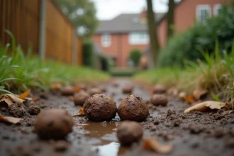 Crotte de sanglier fraîche sur un chemin de jardin boueux près d'une maison de banlieue, entourée de feuilles mortes et de terre retournée
