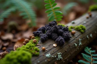 Crottes de petit mammifère nocturne sur une souche moussue en forêt, entourées de feuilles mortes et de poils