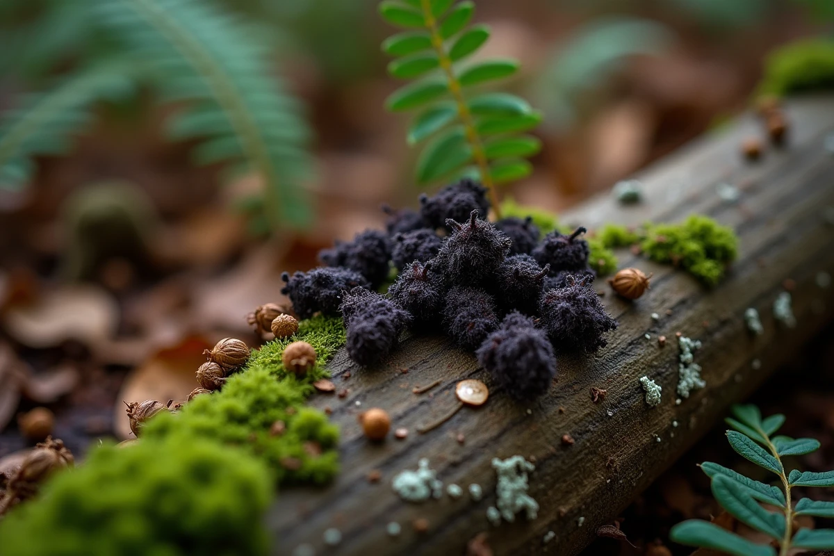 Crottes de petit mammifère nocturne sur une souche moussue en forêt, entourées de feuilles mortes et de poils