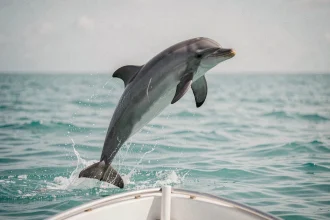 Dauphin sauvant hors de l'eau dans l'océan turquoise avec des gouttelettes figées en plein vol