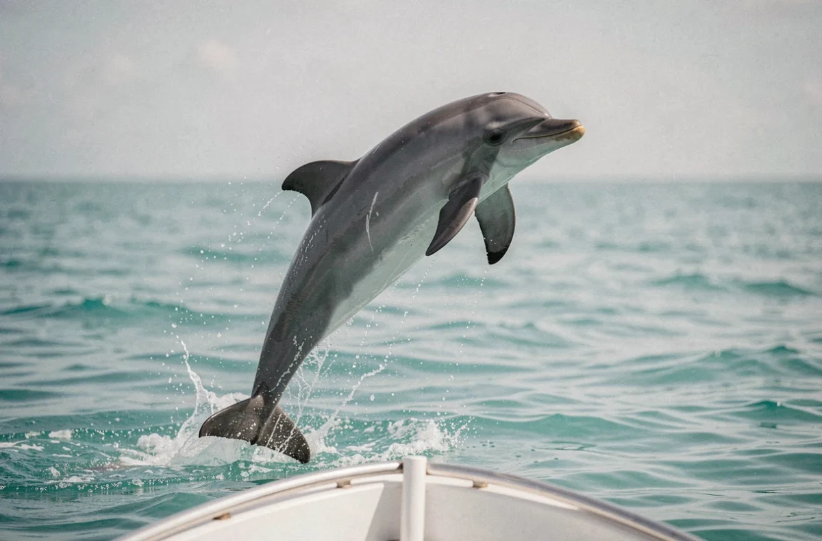 Dauphin sauvant hors de l'eau dans l'océan turquoise avec des gouttelettes figées en plein vol