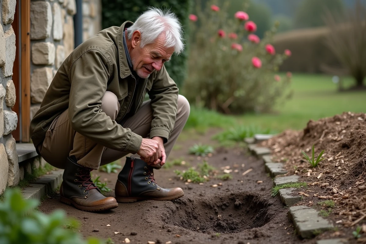 Jardinier inspecte des traces de passage de sanglier et des dégâts dans un parterre de fleurs près d'une maison en pierre à la campagne