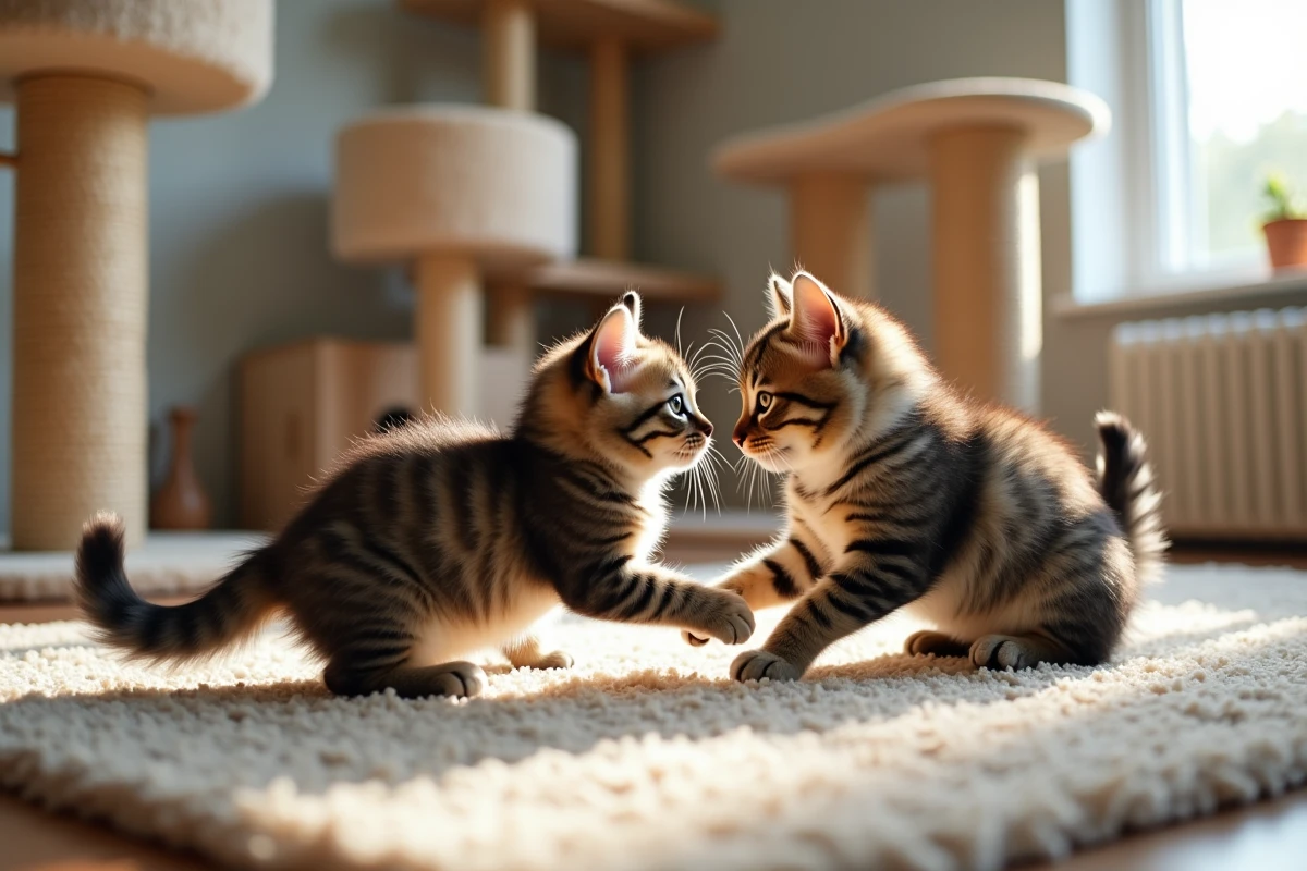 Deux chats Highlander aux oreilles recourbées jouant sur un arbre à chat dans un élevage français en 2026