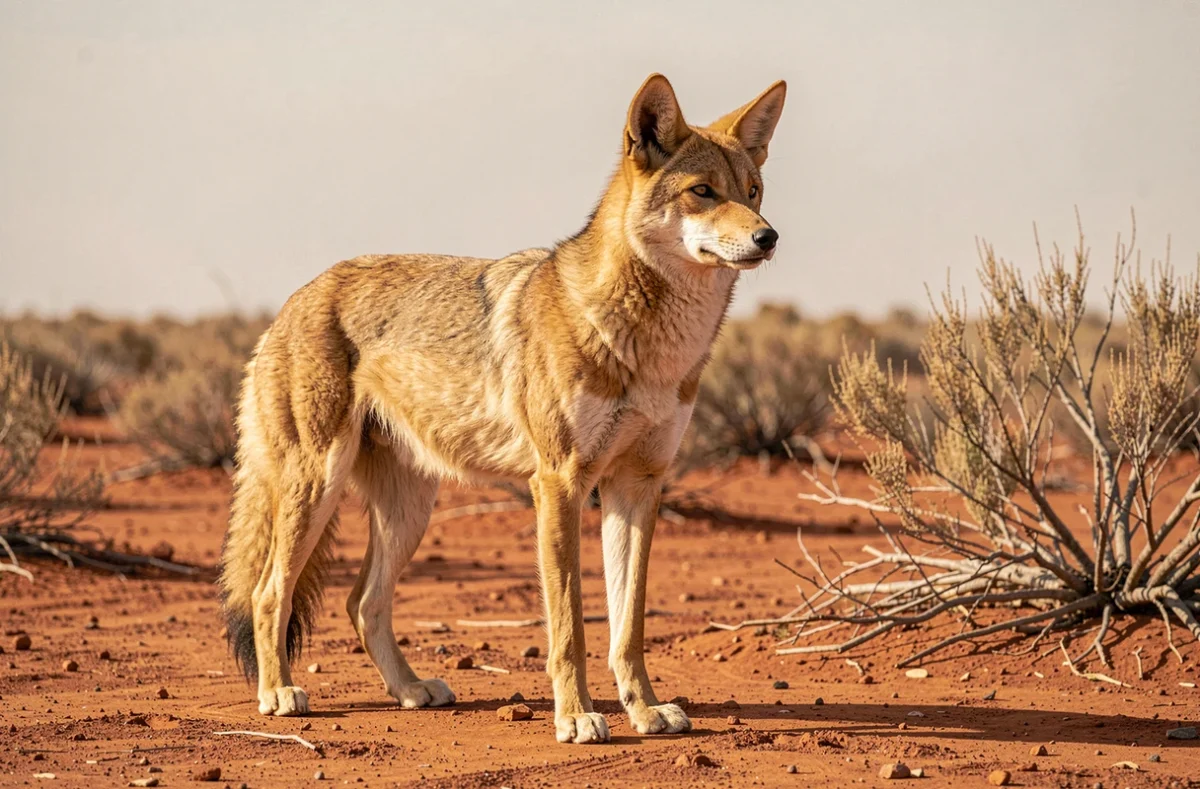 Dingo sauvage en alerte dans l'outback australien sur une plaine de terre rouge
