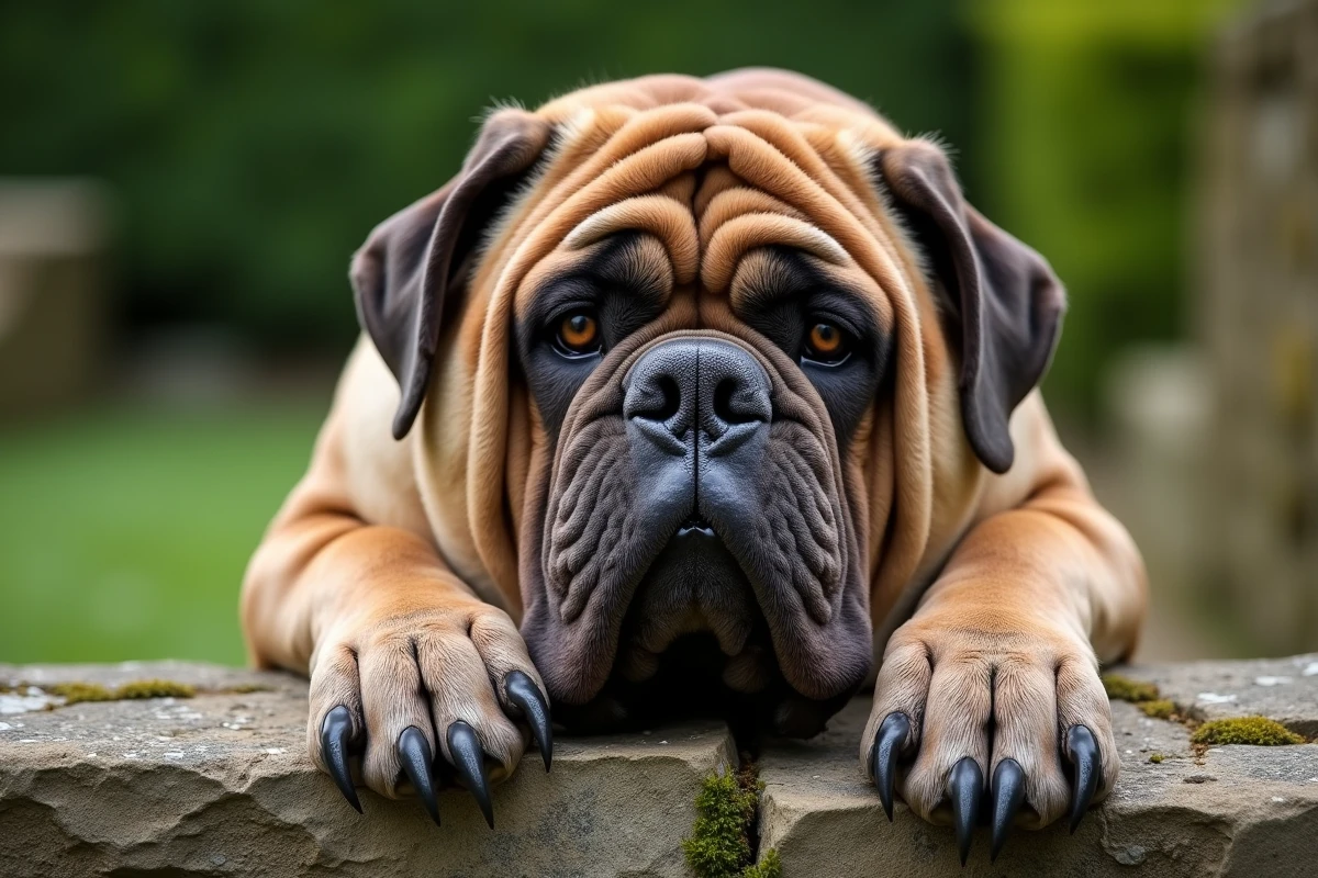 Dogue de Naples aux énormes plis de peau posant sa tête sur un vieux mur en pierre dans un jardin de campagne