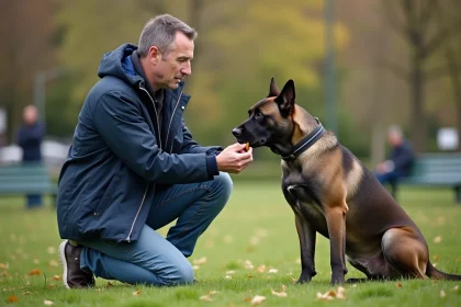 Dresseur de chien en plein entraînement dans un parc