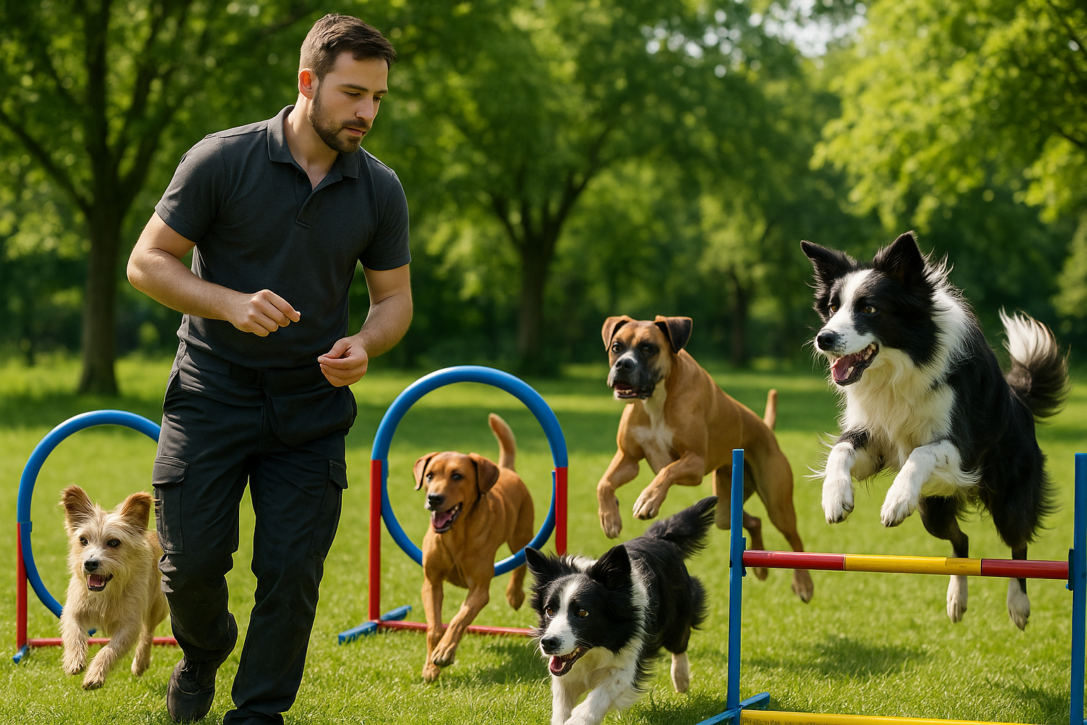 Entraîneur canin guidant des chiens dans un parc en plein air