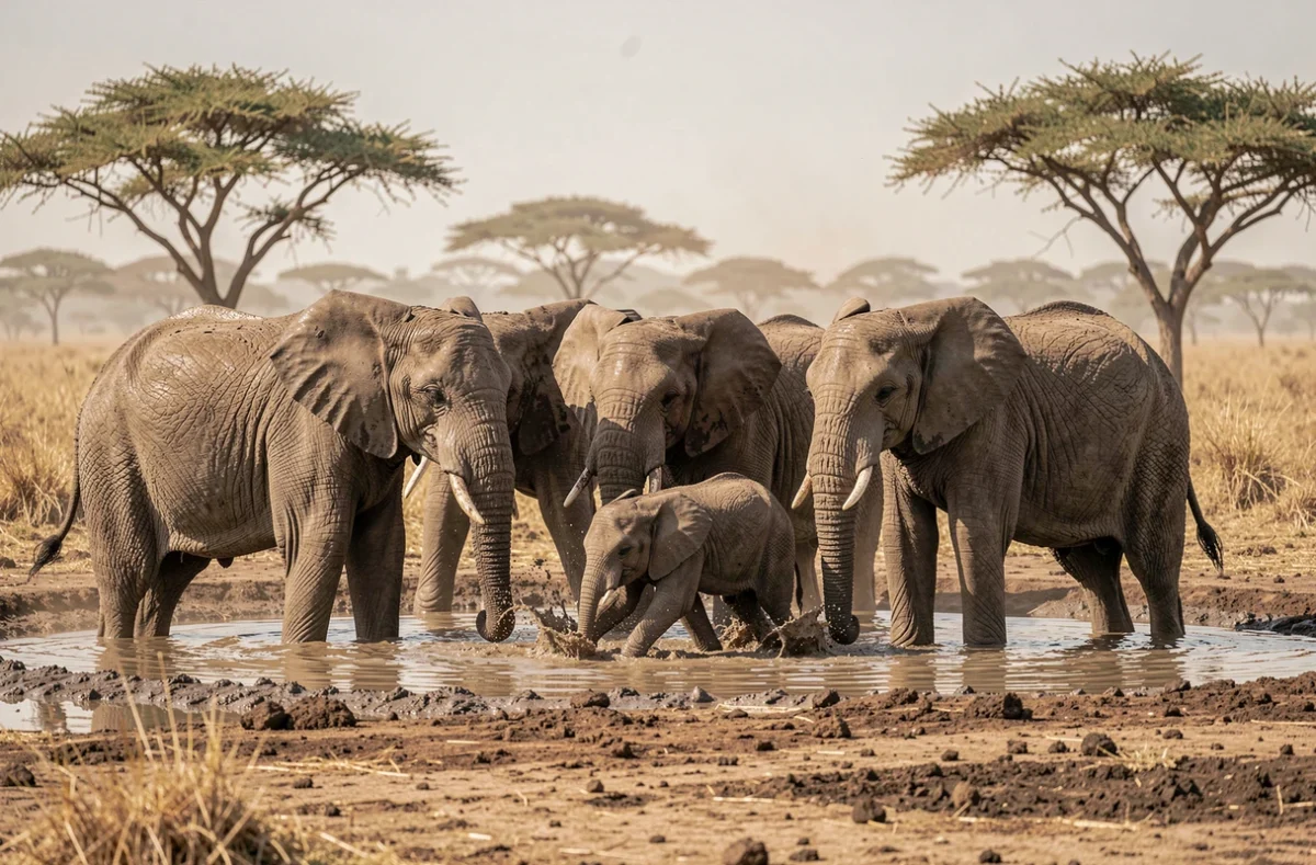 Famille d'éléphants africains se désaltérant dans un point d'eau de la savane