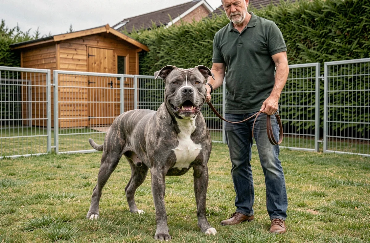 American Staffordshire Terrier en plein air avec son éleveur dans un enclos professionnel