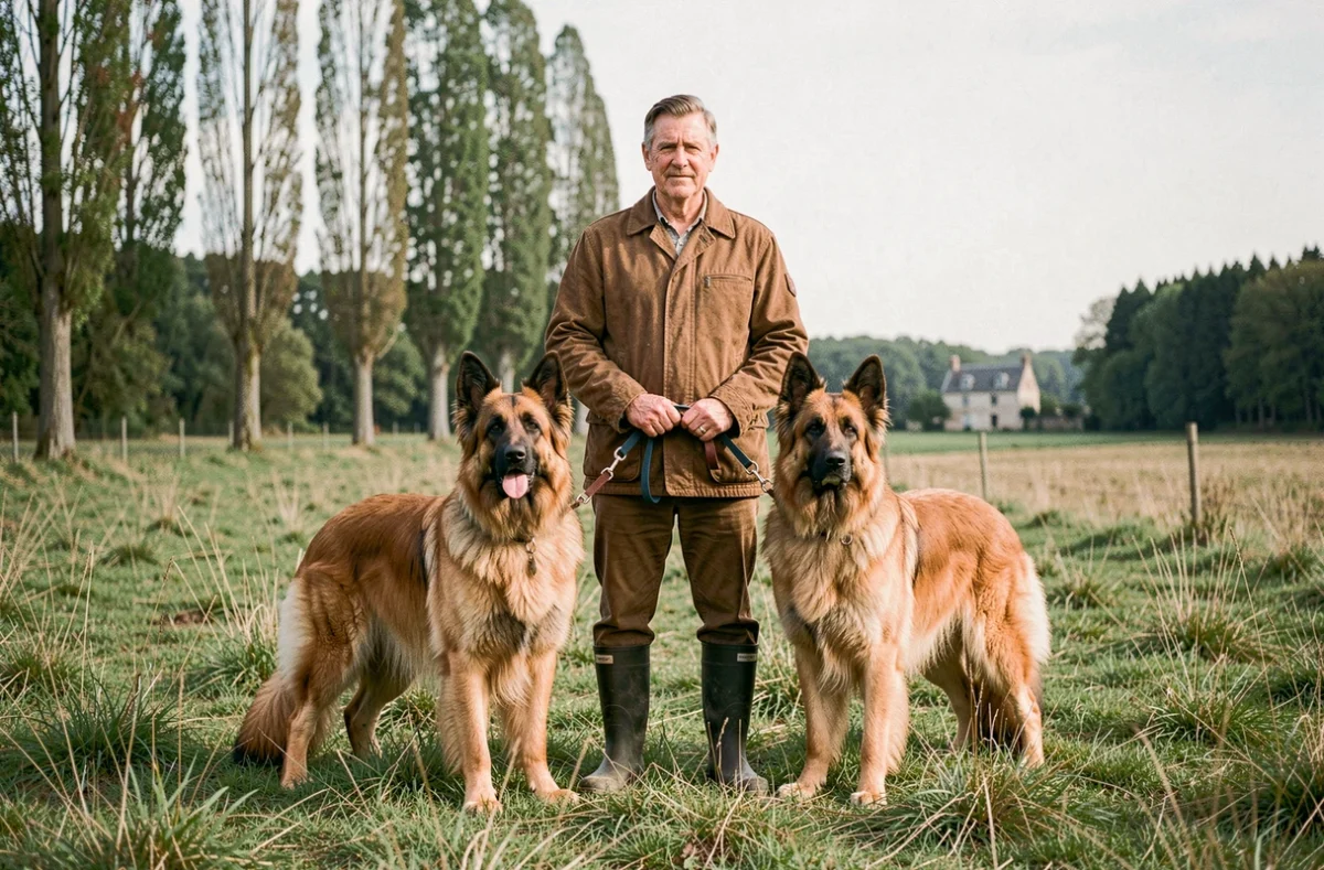 Deux bergers belges en prairie avec leur éleveur dans un paysage typique d'Île-de-France