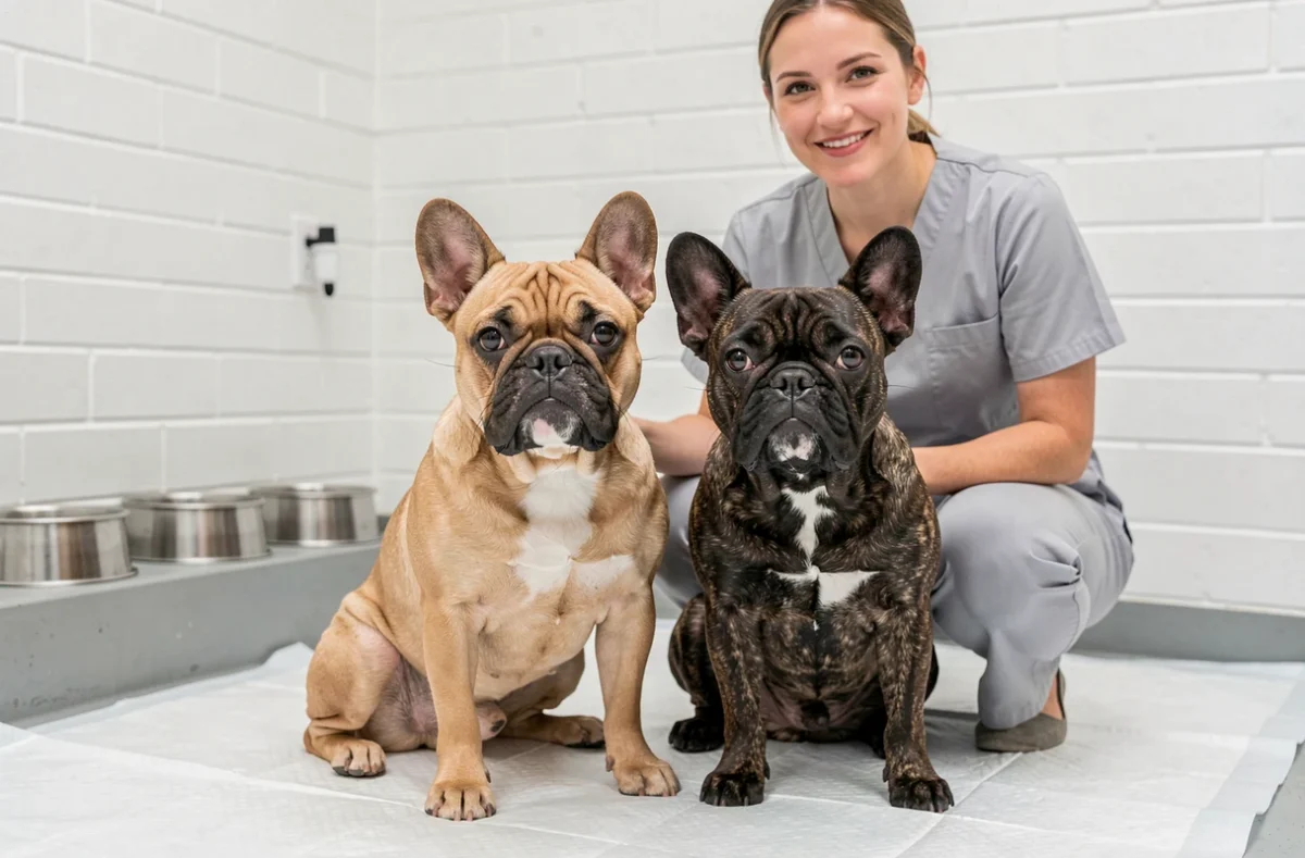 Deux bouledogues français fawn et bringé assis dans un élevage spécialisé avec leur éleveuse