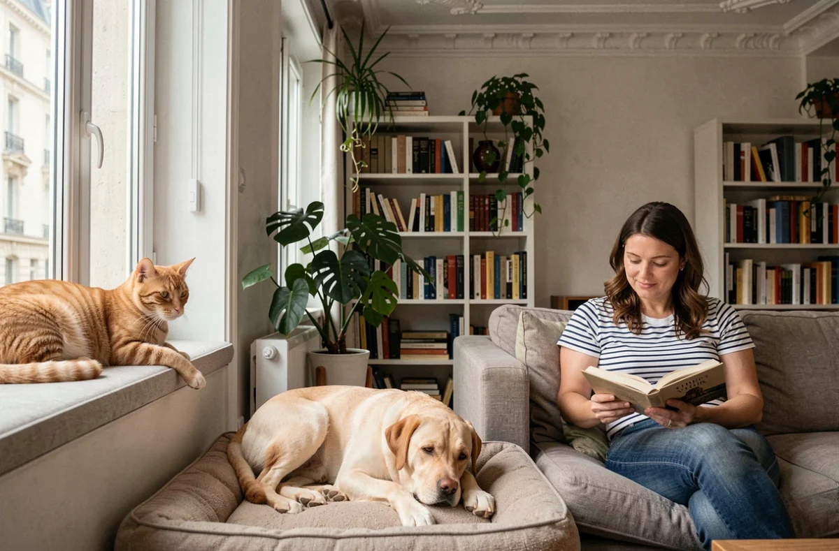 Un chat tigré et un labrador cohabitant dans un appartement parisien avec leur propriétaire