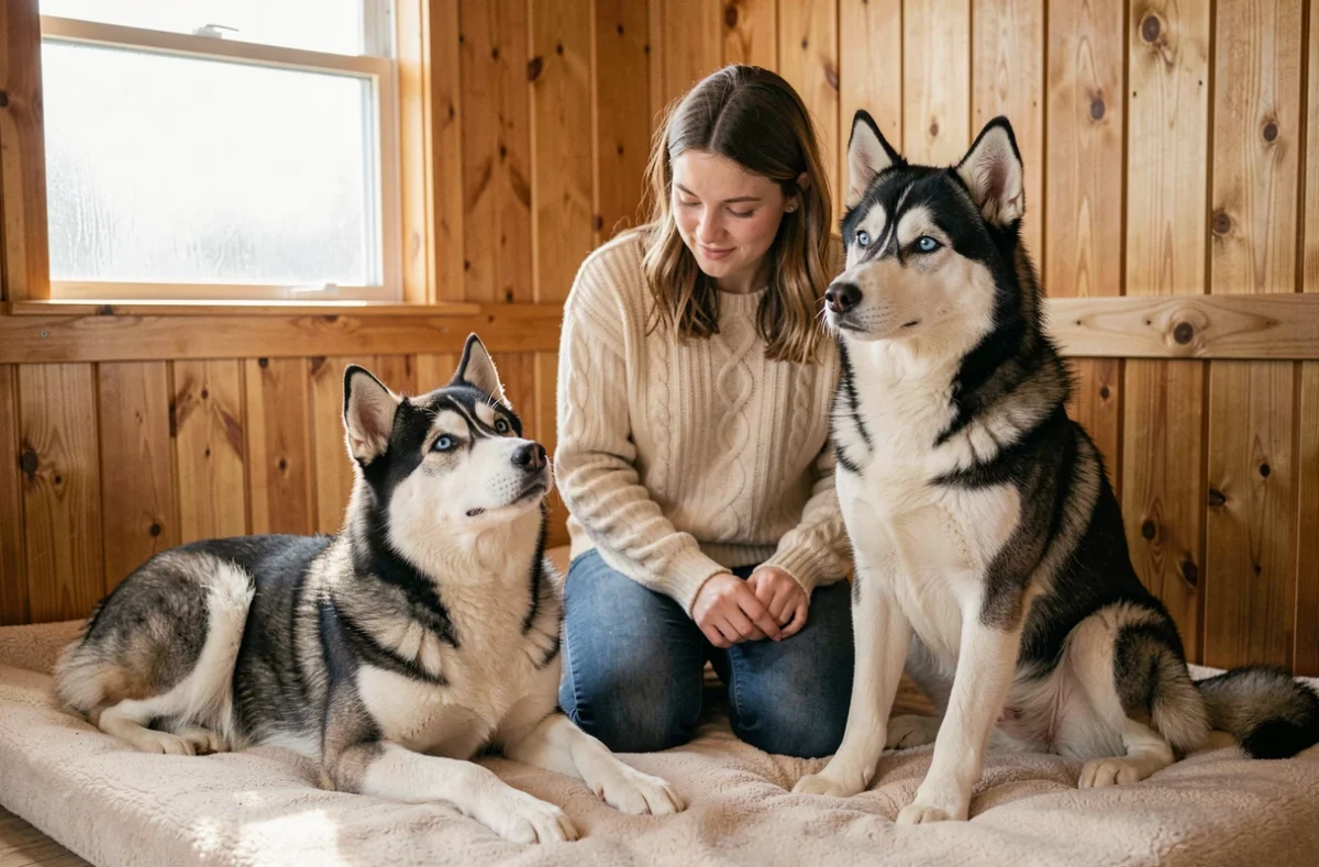 Deux huskies aux yeux bleus dans un élevage intérieur chaleureux avec leur éleveuse