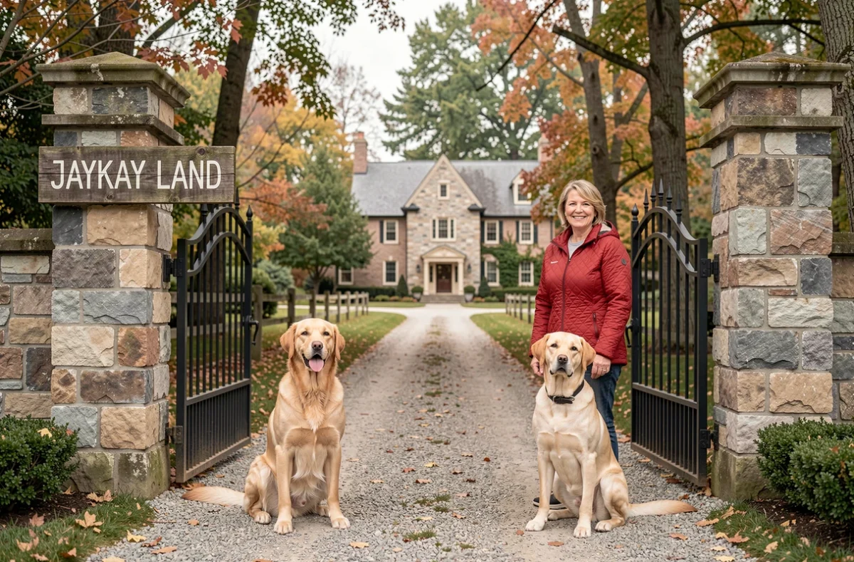 Entrée de l'élevage JAYKAY LAND avec panneau en bois, portail en fer et deux chiens assis devant