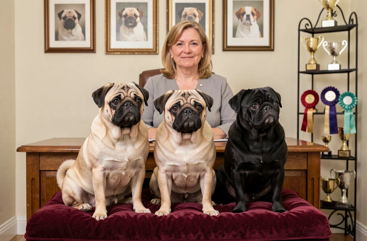 Trois carlins fawn et noirs sur un coussin dans l'élevage du Royaume du Carlin décoré de trophées