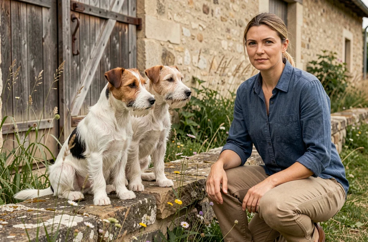 Deux fox-terriers à poil dur sur un mur de pierre dans un élevage rural de Seine-et-Marne