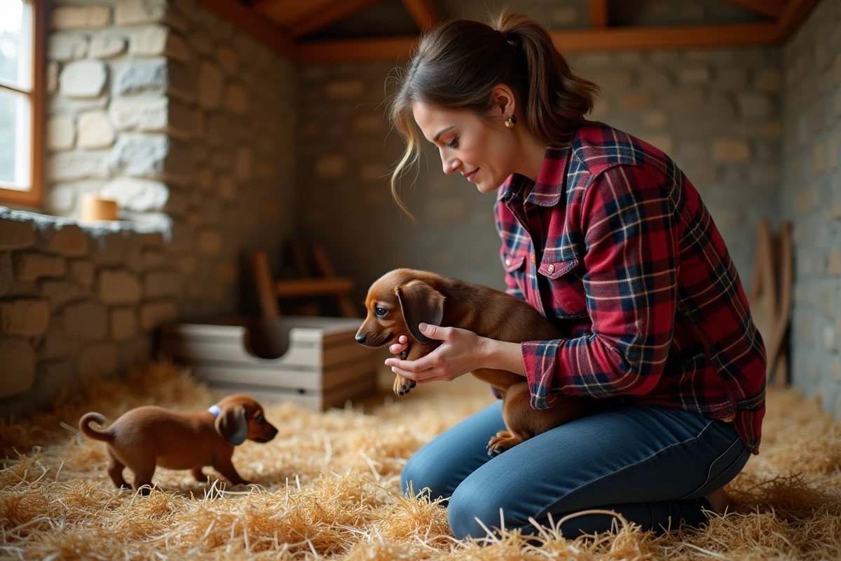 Éleveuse responsable examinant un chiot teckel nain à poil dur dans un chenil rural soigné