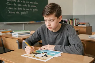 Élève en classe devant un exercice illustrant un manchot sur une plage, expression perplexe avec un crayon à la main