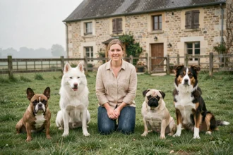 Éleveuse professionnelle entourée de plusieurs races de chiens dans un domaine rural d'Île-de-France