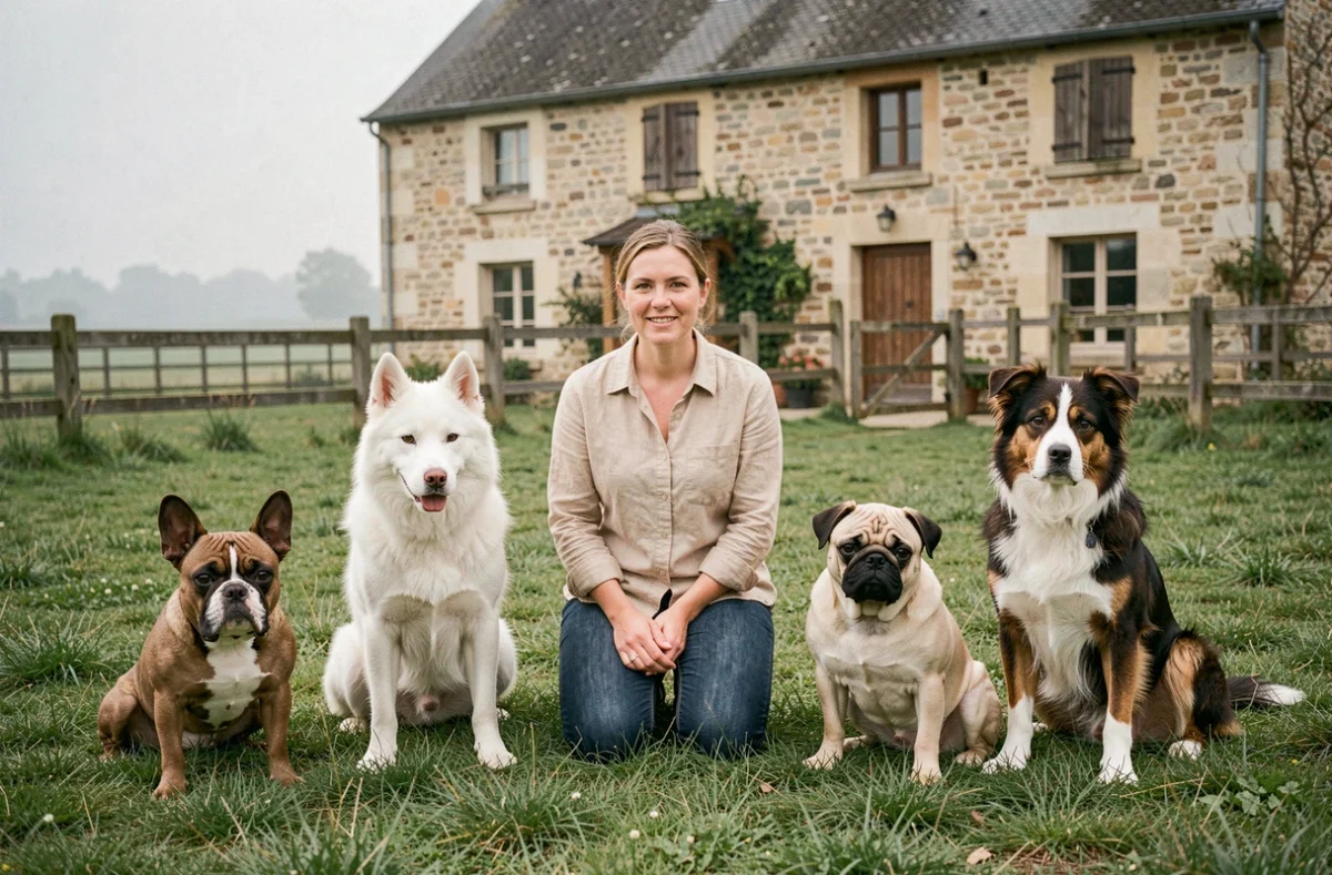 Éleveuse professionnelle entourée de plusieurs races de chiens dans un domaine rural d'Île-de-France