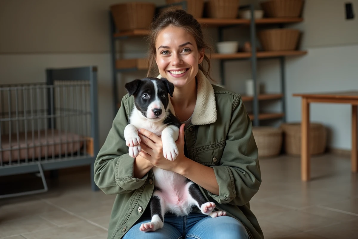 Eleveuse responsable tenant un chiot bull terrier dans un espace intérieur